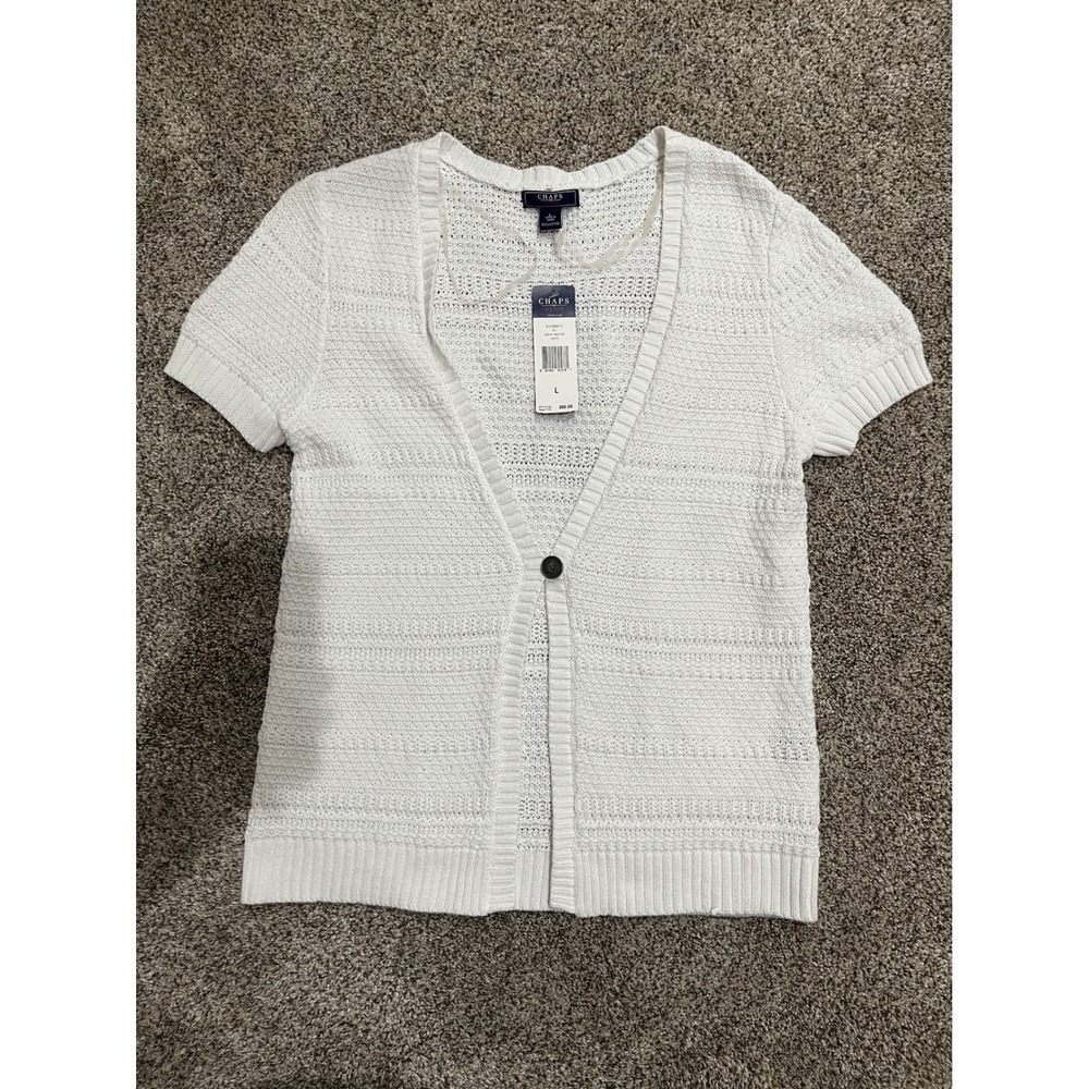 Chaps Denim Santorini White Knit Short Sleeve Button‎ Cardigan Sweater Large NWT